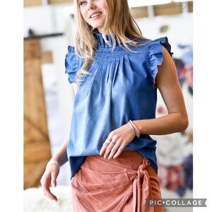 🔥Faded Denim Top w/Layered Ruffle Sleeves